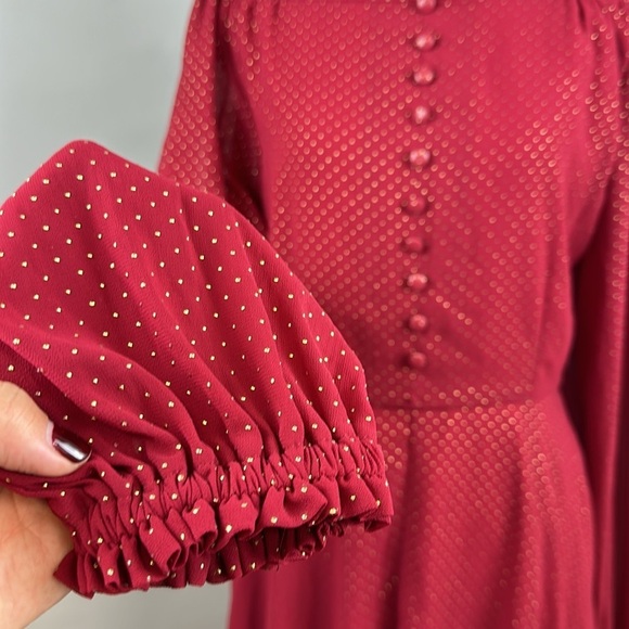 Unique Vintage Red Gold Dot Chiffon High Neck Midi Dress Sz M - Picture 5 of 11